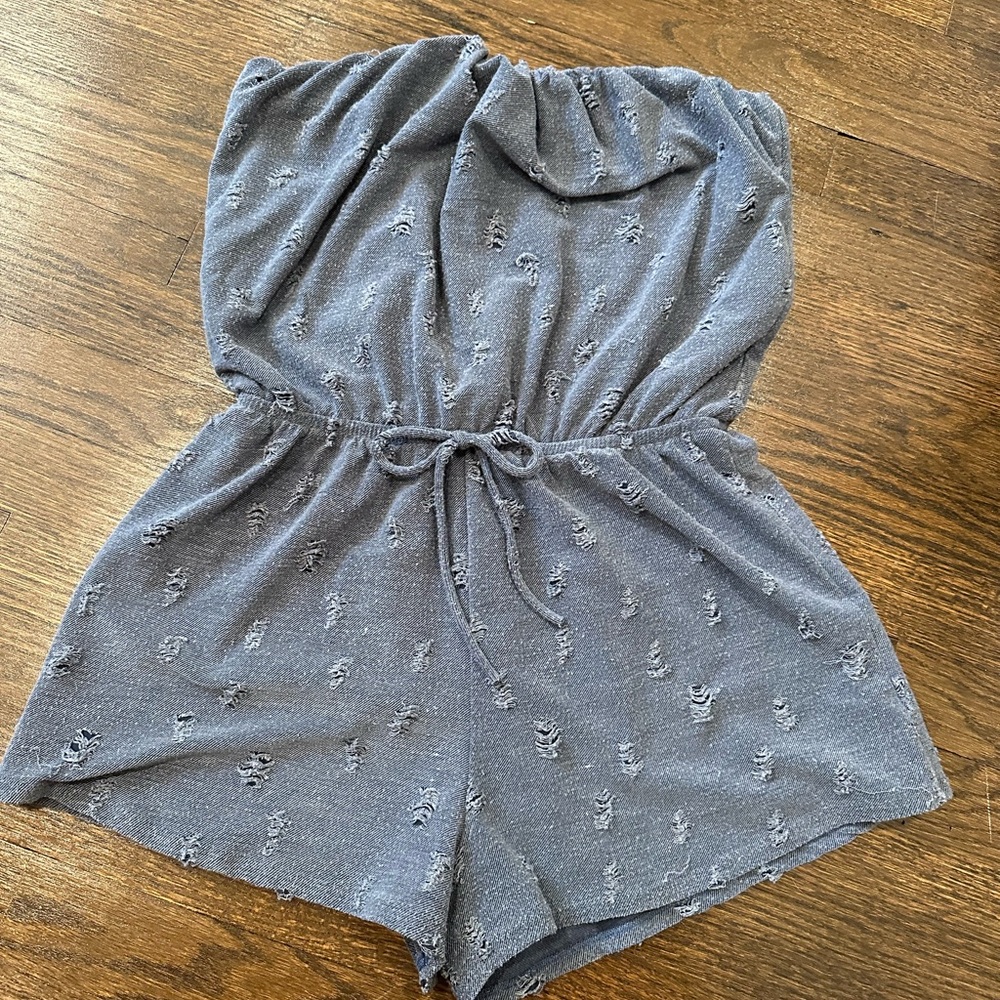 Strapless Denim Blue Distressed Romper